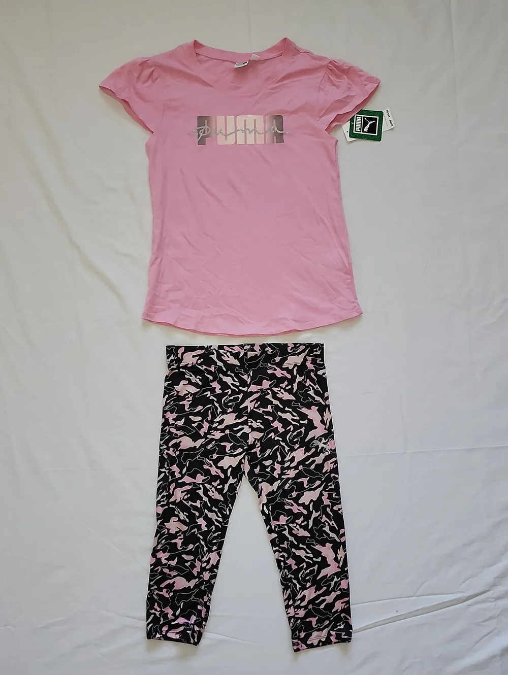 NWT Puma Girls Pink Graphic Tee & Camo Leggings Outfit Set Size Large L